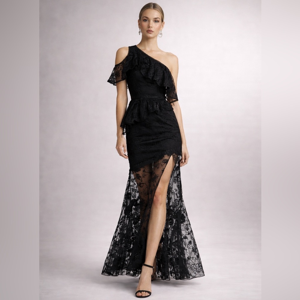 AMUR Chrissy Organic Silk Lace One-Shoulder Maxi Dress Gown in Black Sz 4